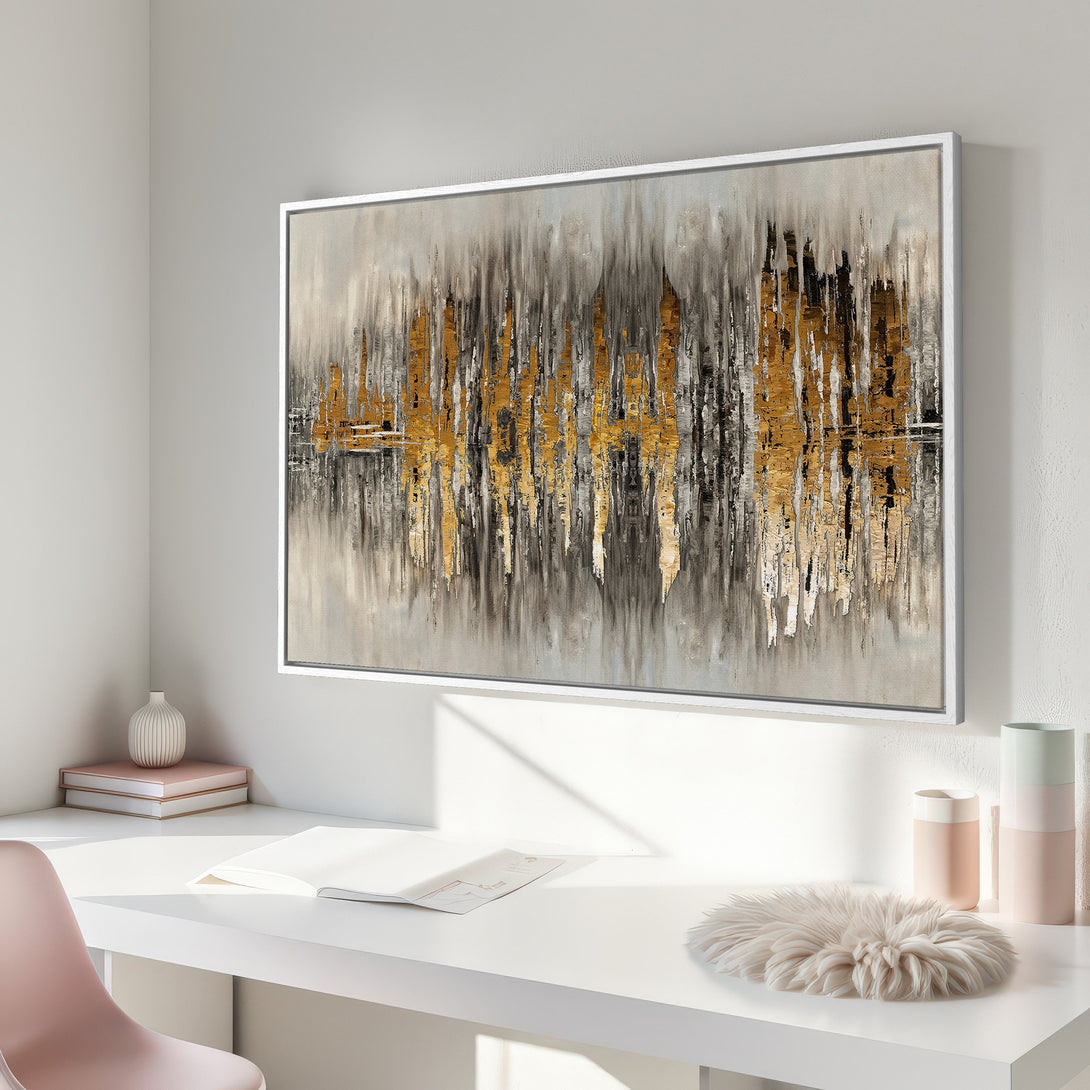Framed Wall Art featuring an abstract gold and gray landscape painting. Modern art piece with a neutral color palette, perfect for home decor.