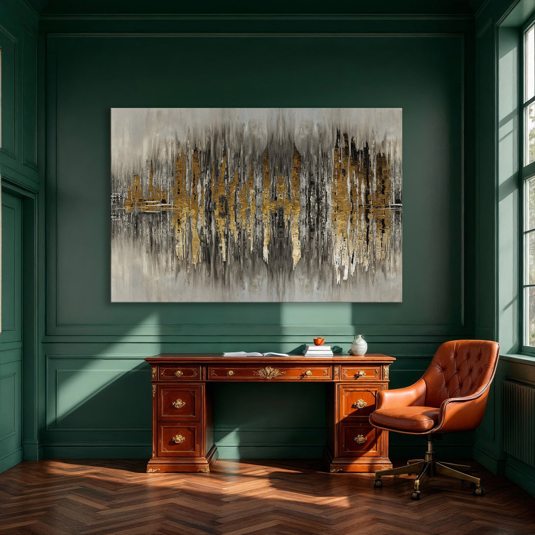 Framed Wall Art: Abstract gold, gray, and black canvas print. Modern art for dining room decor. Enhance your space with this stylish artwork.
