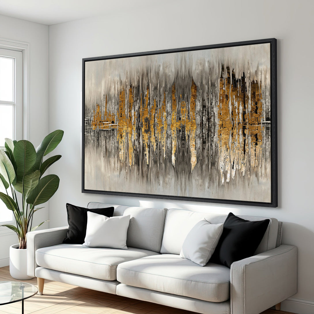 Framed Wall Art: Abstract gold, black, and gray canvas print. Modern art for home decor. Enhance your living room with this stylish piece.