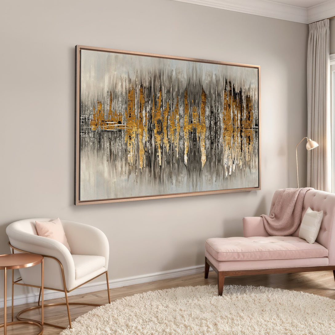 Framed Wall Art abstract painting in gold, gray, and black. Modern art canvas print adds a touch of elegance to any interior.