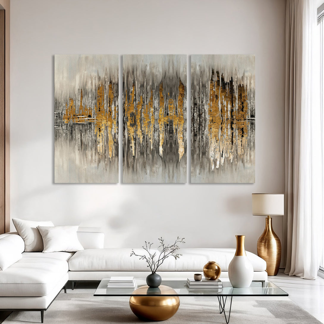 Abstract Canvas Print art in gold, gray, and black. Modern wall decor for living room.