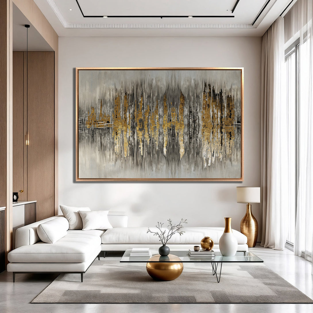 Framed Wall Art: Abstract gold and gray painting, modern style, adds elegance to living room decor. Perfect for contemporary interiors.