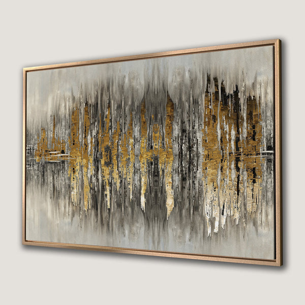 Framed Wall Art: Abstract gold, black, and gray art canvas print. Modern style with a neutral color palette, perfect for home decor.