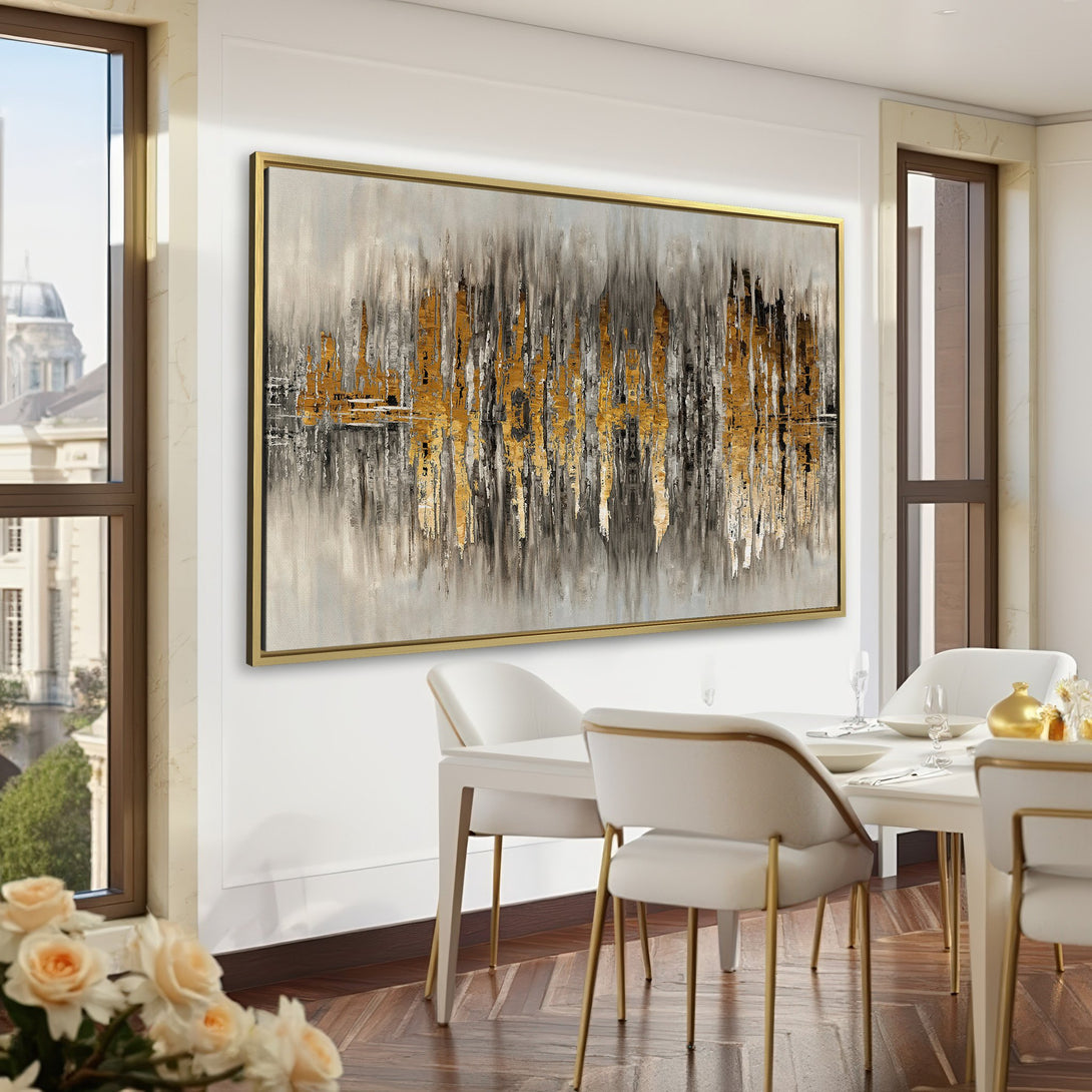 Abstract Canvas Print in gold, gray, and black, displayed in a luxurious green-walled office. Modern art for home decor.