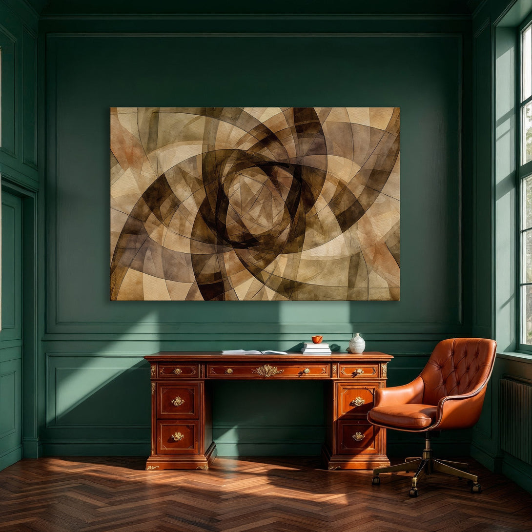 Framed Wall Art featuring an abstract geometric design in a warm brown color palette. Modern art for dining room decor.