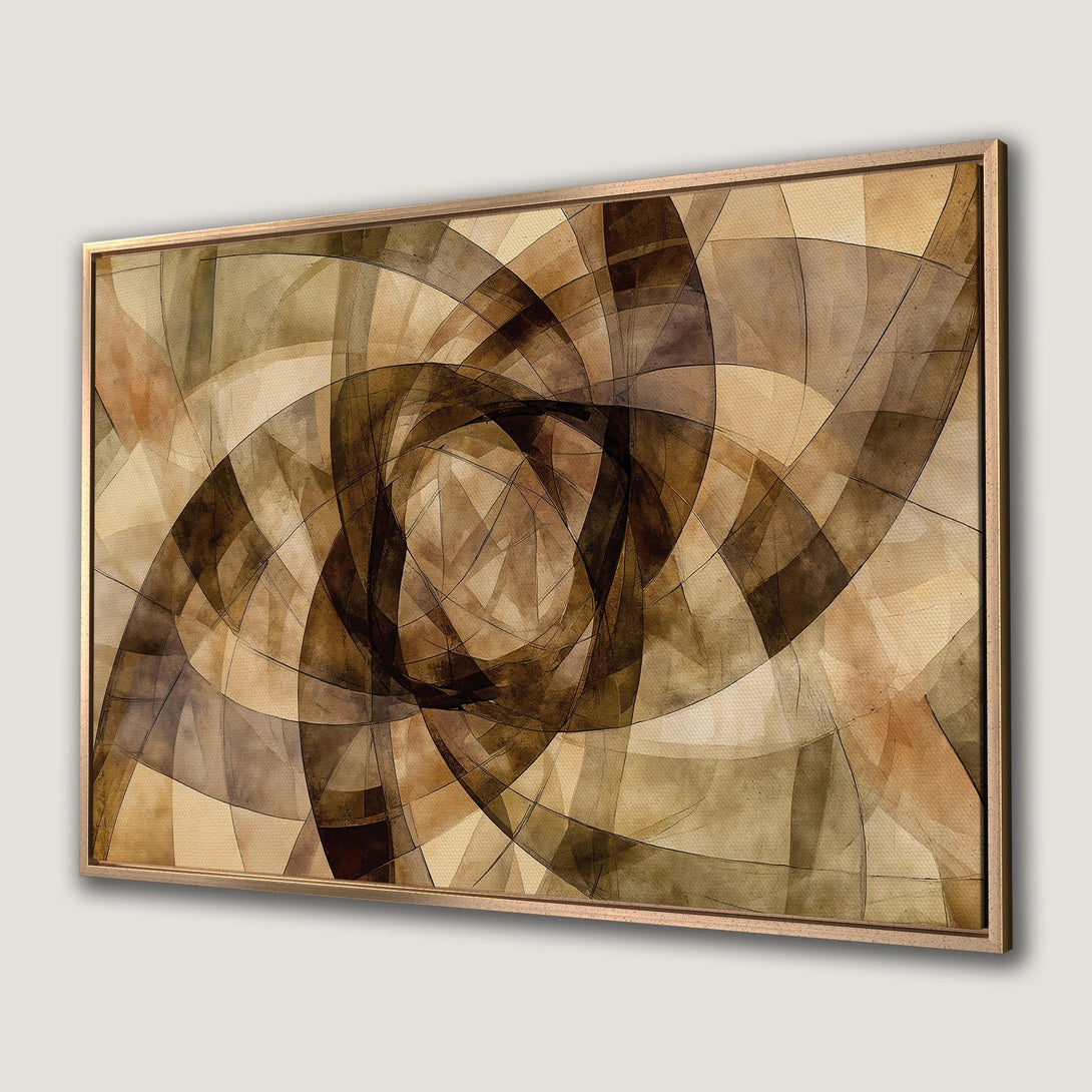 Framed Wall Art: Abstract geometric canvas print in warm neutral tones. Modern art for your home, featuring a beige, brown, and tan color palette.