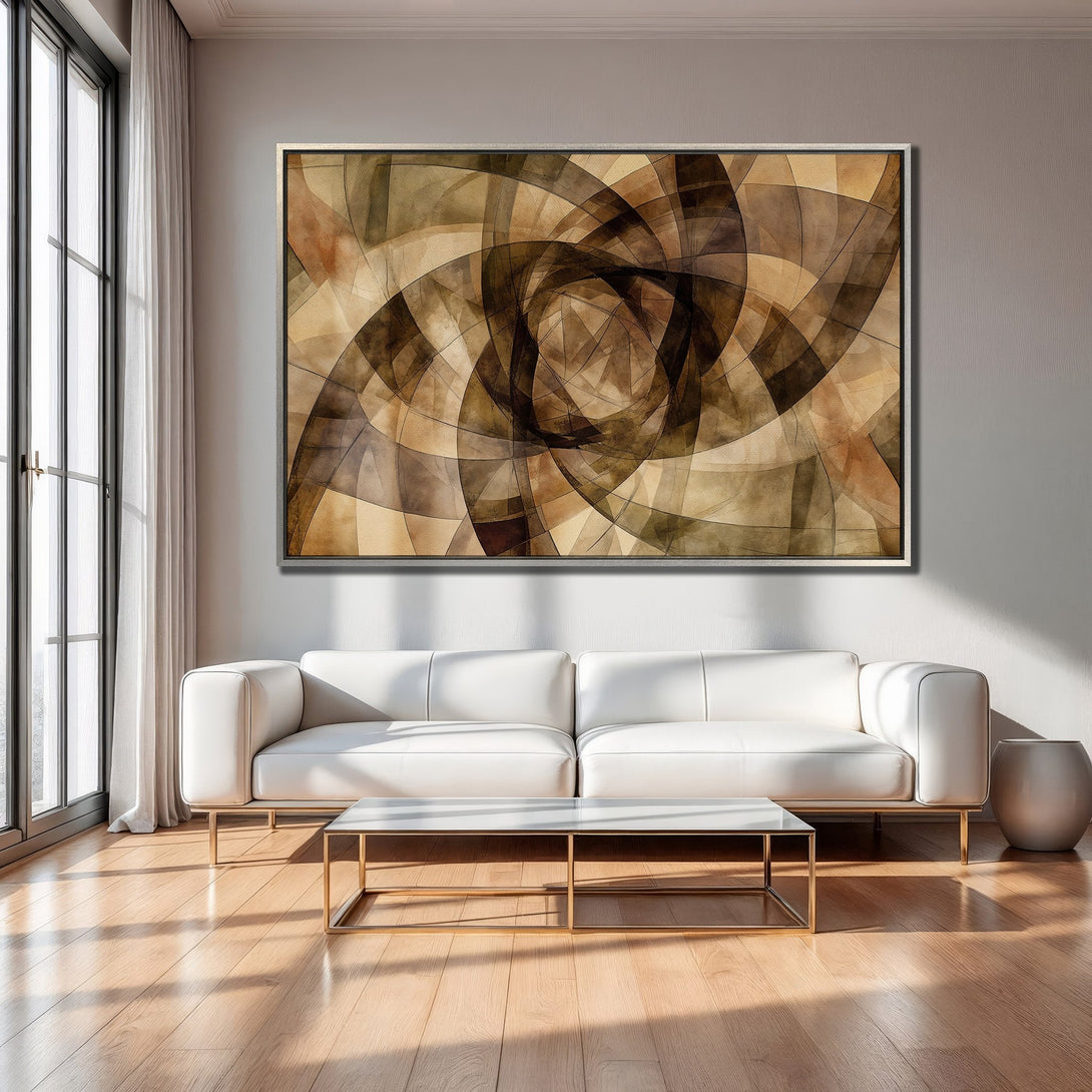 Framed Wall Art featuring abstract spiral design in warm brown and beige tones, perfect for modern living room decor.
