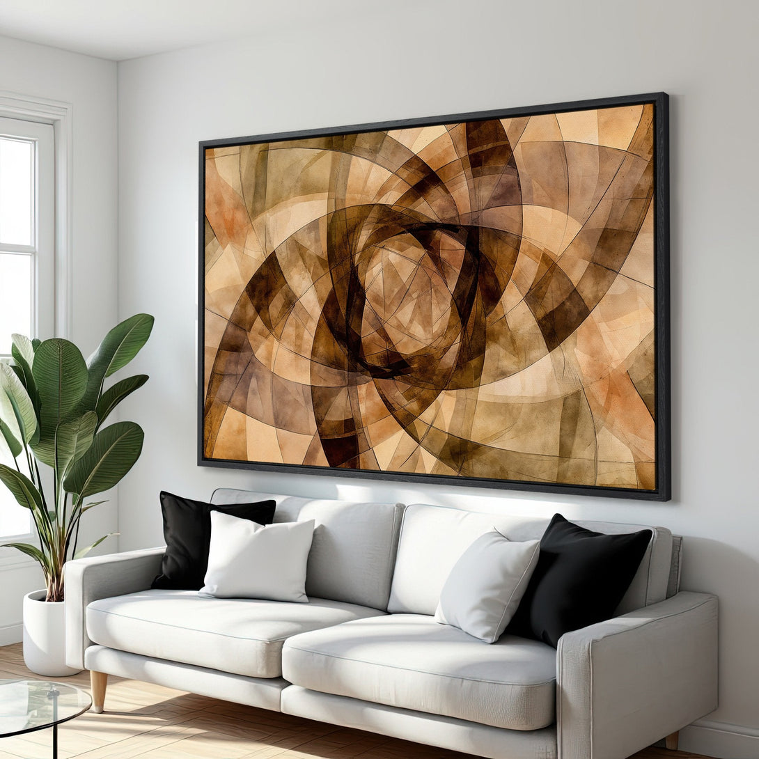 Framed Wall Art featuring an abstract geometric design in warm brown and beige tones, perfect for modern home decor.