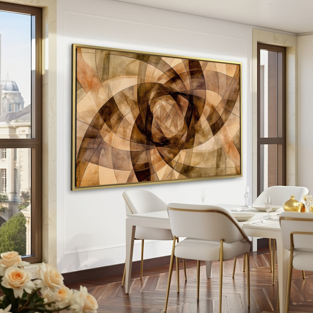 Abstract Canvas Print in neutral tones, displayed in a sophisticated office setting. Earthy color palette complements the room's decor.