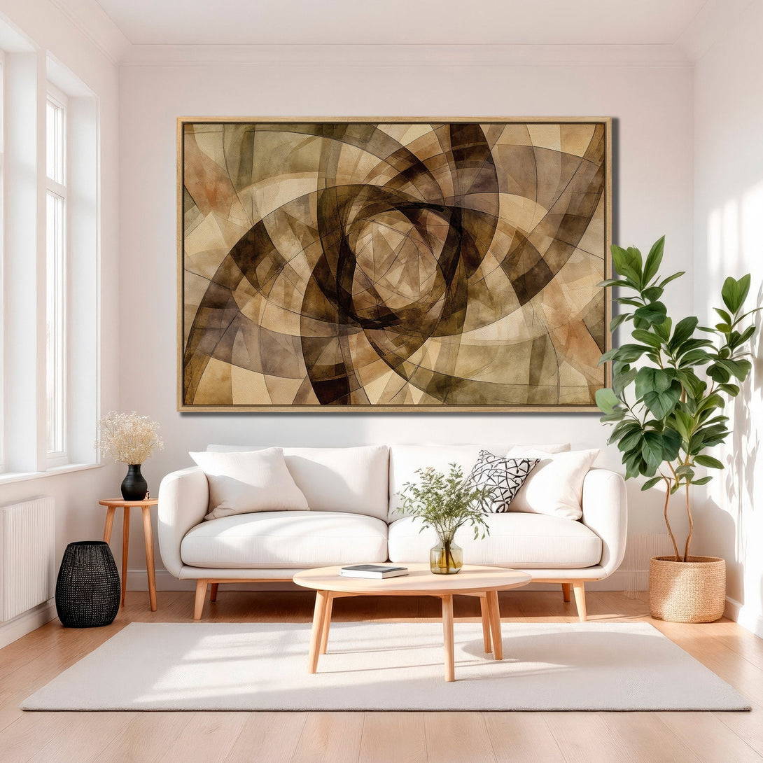 Framed Wall Art featuring an abstract geometric design in warm brown tones. Adds modern elegance to any living room. Shop now!