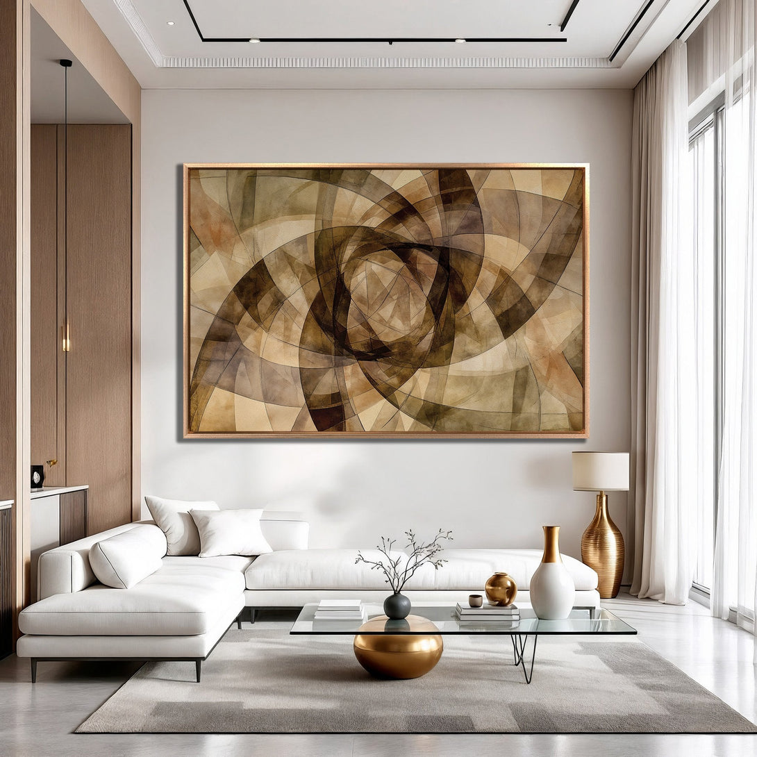 Framed Wall Art featuring an abstract geometric design in warm brown and beige tones, perfect for modern living rooms.