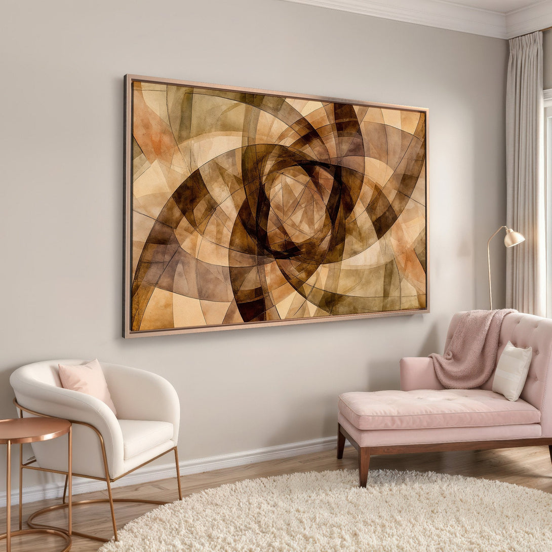 Framed Wall Art: Abstract spiral design in warm neutral tones. Modern art Canvas Print adds a touch of elegance to any interior space.