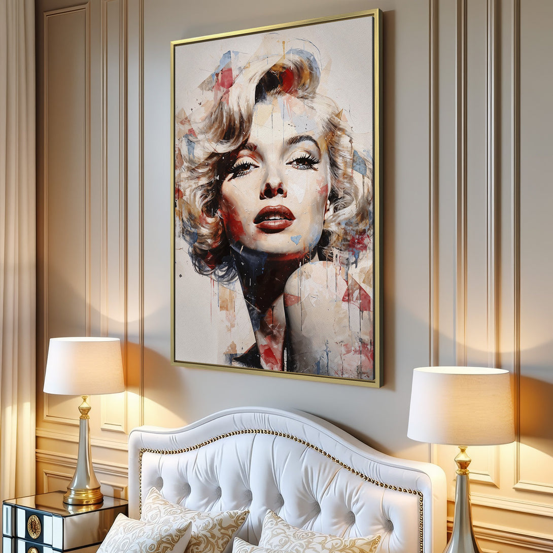 Canvas Print of Marilyn Monroe in a modern watercolor style, featuring a vibrant red, blue, and beige color palette. Perfect wall art for any space!