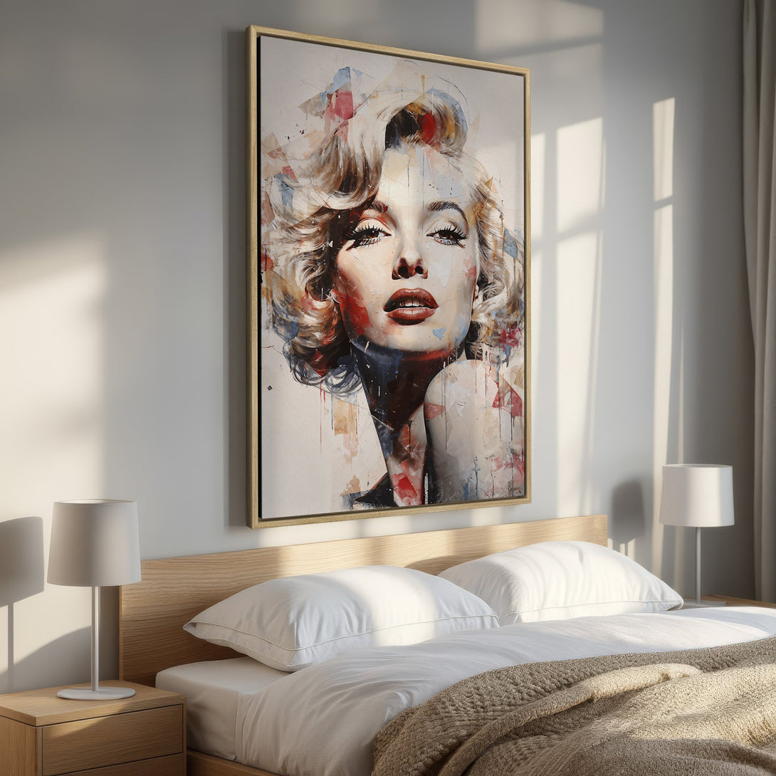 Framed Wall Art featuring a vibrant Marilyn Monroe portrait in a modern, abstract style. Warm color palette adds elegance to any bedroom.