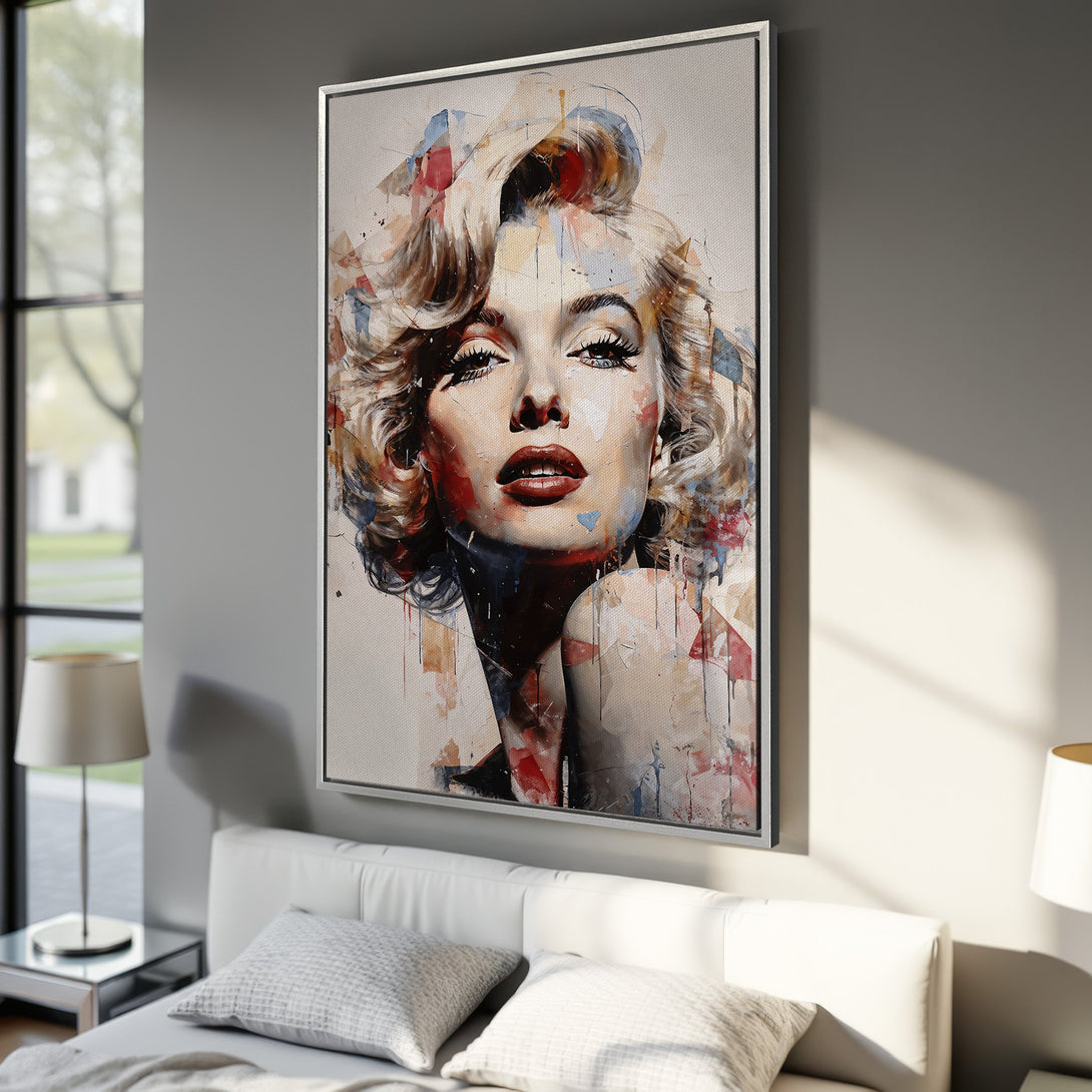 Framed Wall Art: Marilyn Monroe portrait in abstract style. Featuring a vibrant color palette of reds, blues, and beige. Perfect for bedroom decor.