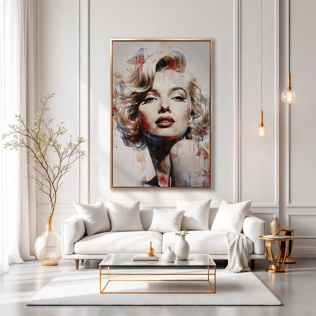 Framed Wall Art featuring Marilyn Monroe in a modern, abstract style. Neutral color palette with pops of red, perfect for living room decor.