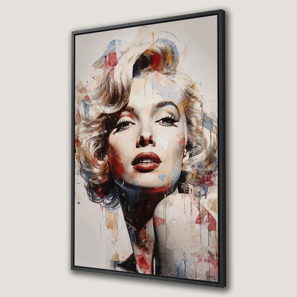 Framed Wall Art featuring Marilyn Monroe in a modern abstract style. Warm neutral tones with pops of red, blue, and gold create a stunning canvas print.
