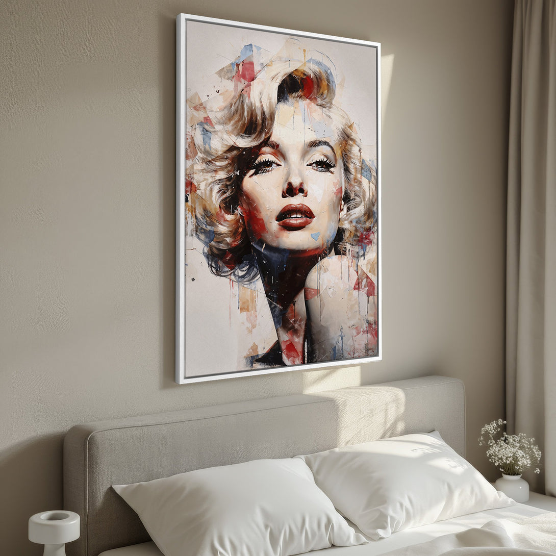 Framed Wall Art: Abstract portrait of Marilyn Monroe in a modern style, featuring a warm, neutral color palette. Perfect bedroom decor!