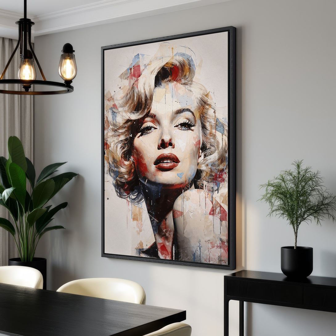 Framed Wall Art of Marilyn Monroe, abstract watercolor style. Featuring a neutral palette with pops of red and blue. Perfect for modern home decor.