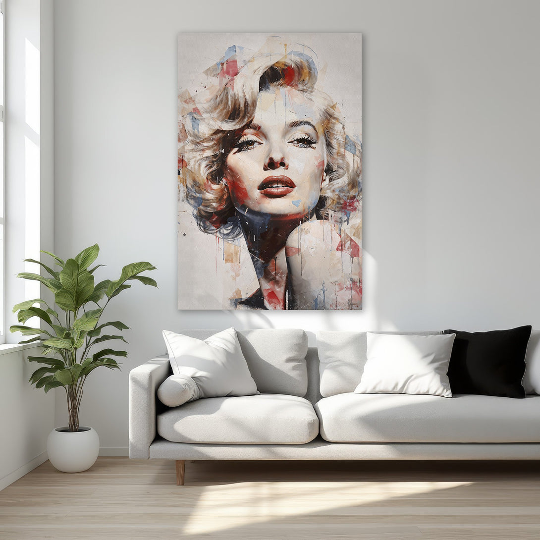 Framed Wall Art: Marilyn Monroe portrait in a modern, abstract style with a warm, neutral color palette. Perfect for bedroom decor.
