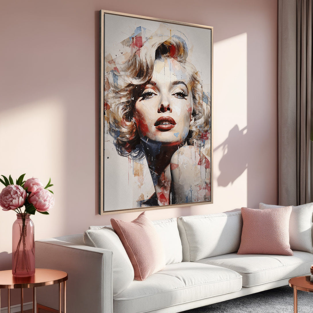 Framed Wall Art featuring a vibrant Marilyn Monroe portrait in an abstract style. Soft pink and neutral tones create a stylish, modern interior design.