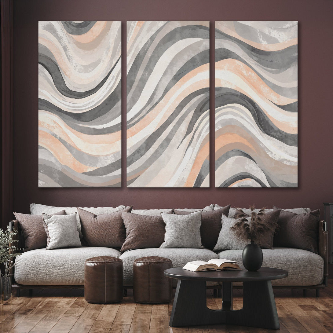 Abstract Canvas Print art in neutral tones of gray, peach, and beige. Modern wall decor for living room or bedroom.