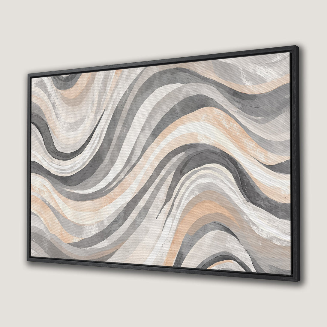 Framed Wall Art featuring an abstract watercolor design in neutral tones of gray, beige, and peach. Modern art for your home decor.
