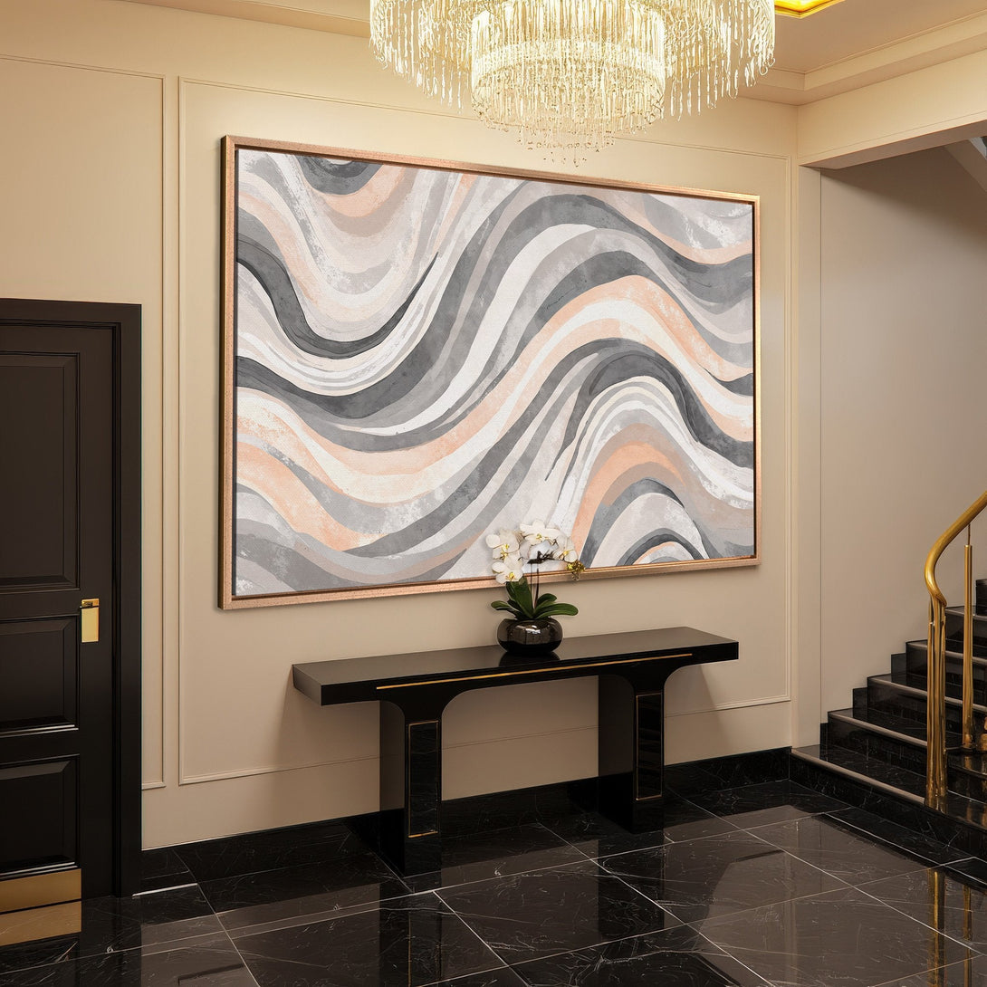 Framed Wall Art featuring an abstract wave design in neutral gray, blush, and beige tones. Modern art for elegant home decor.