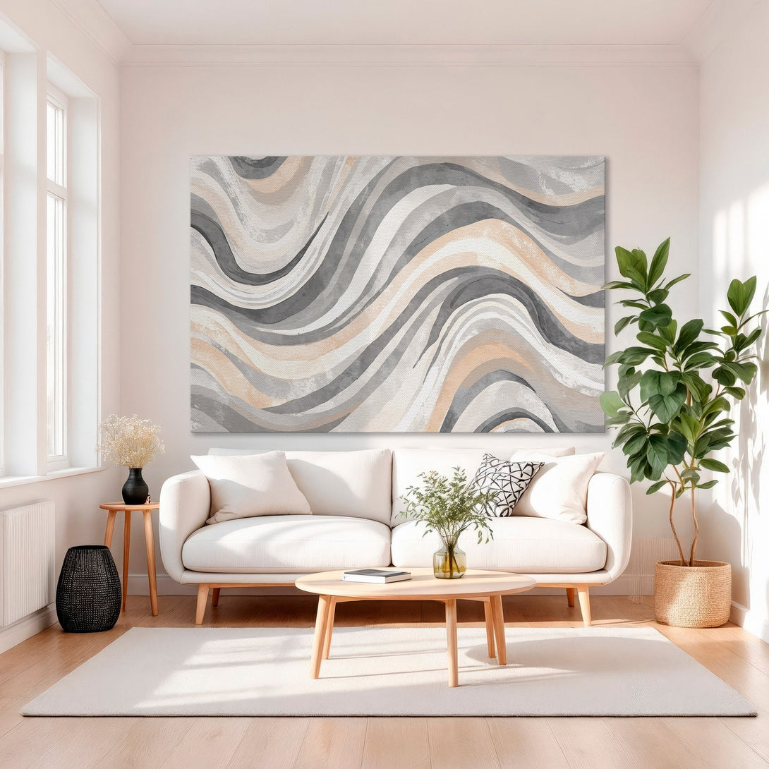 Framed Wall Art: Abstract wave design in neutral tones (gray, beige, peach). Modern art canvas print adds a touch of elegance to any living room.