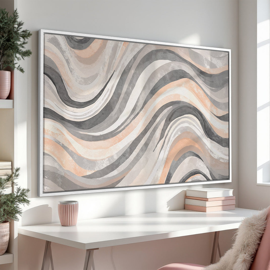 Framed Wall Art featuring abstract wave design in neutral tones. Modern Canvas Print with gray, beige, and peach color palette. Perfect for adding a touch of elegance.