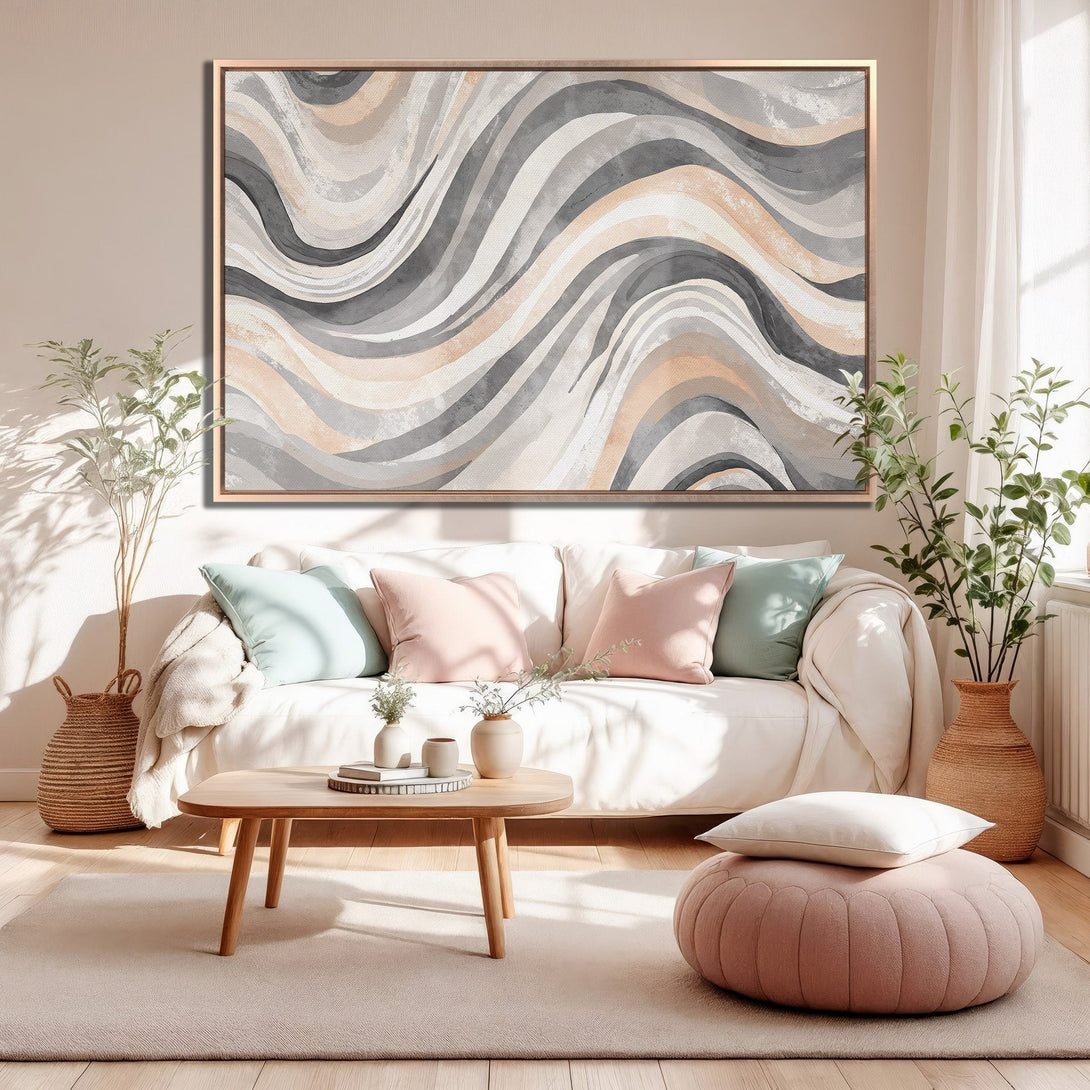 Framed Wall Art: Abstract wave design in neutral gray, beige, and blush tones. Modern canvas print for a stylish living room.