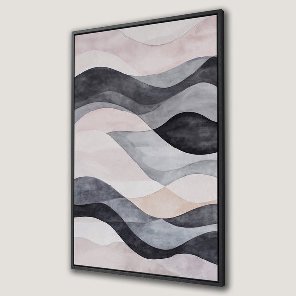 Framed Wall Art featuring an abstract watercolor landscape in soft pink, gray, and black tones. Modern and minimalist art for your home.