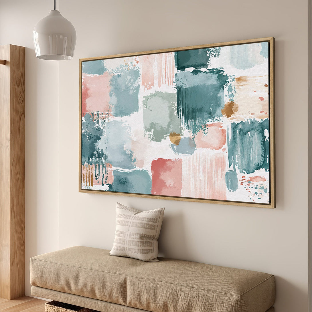 Abstract Canvas Print in a modern interior. Features a colorful, brushstroke design with pink, teal, and gold hues. Perfect wall art!