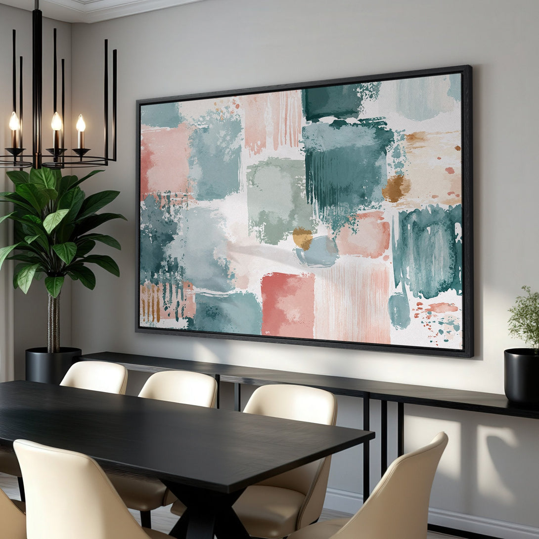 Framed Wall Art: Abstract brushstroke art in blush pink, teal, and gold. Modern canvas print adds a pop of color to any dining room or living space.