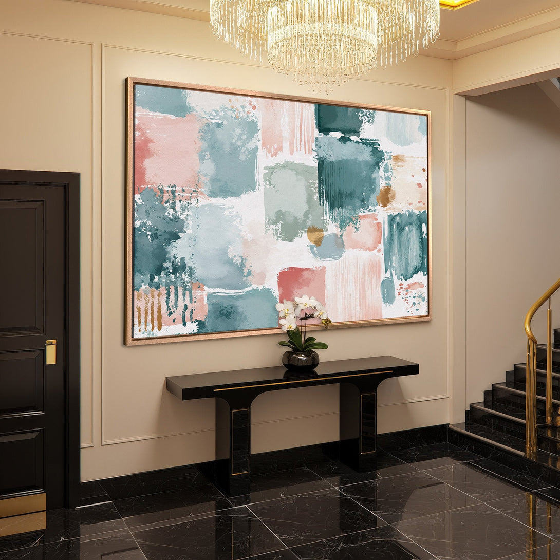 Framed Wall Art: Abstract canvas print in blush, teal, & gold tones. Modern art for home decor. Adds elegance to any interior space.