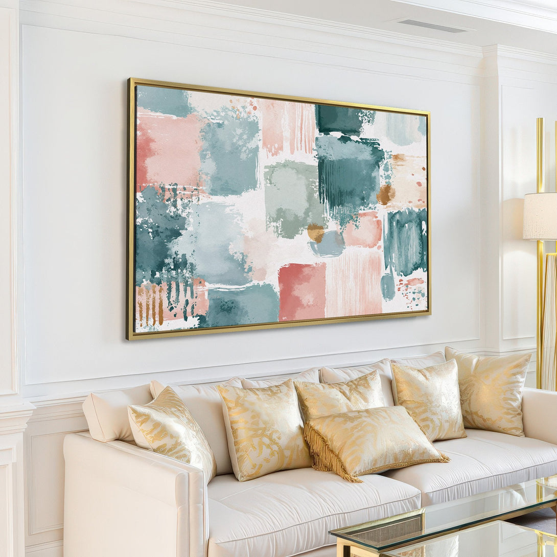 Abstract Canvas Print in a living room setting. Features a modern, brushstroke design with a soft, pastel color palette of blues, pinks, and gold.