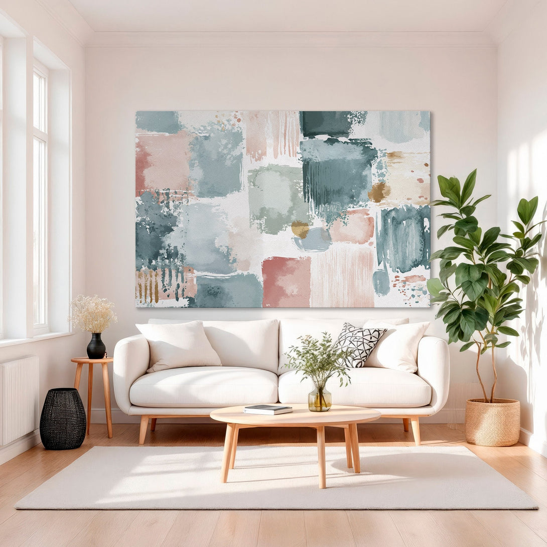 Framed Wall Art: Abstract art canvas print with blush pink, teal, and gold brushstrokes. Perfect for modern home decor and adding a pop of color.