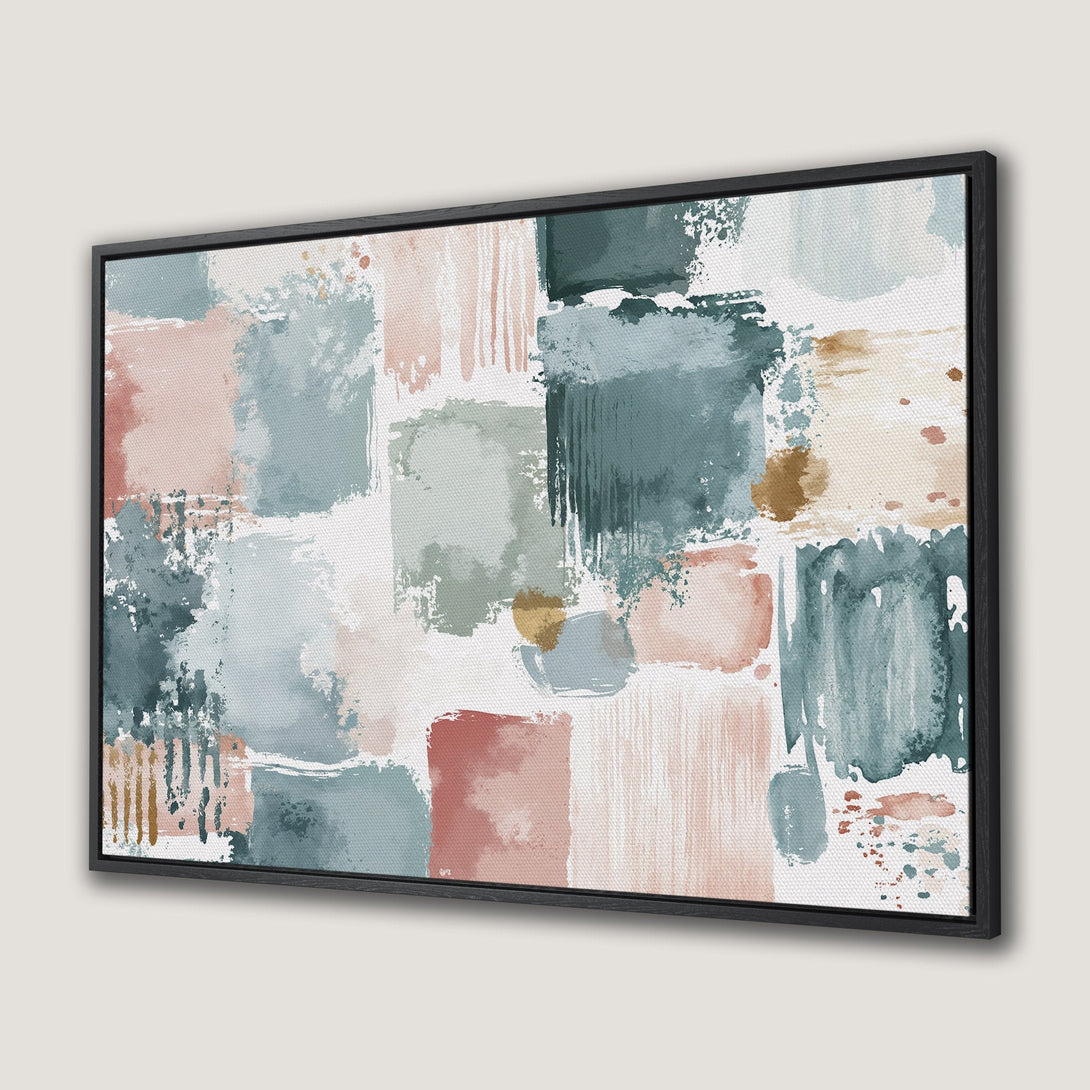 Framed Wall Art: Abstract watercolor painting in soft blues, pinks, and gold. Modern canvas print for a stylish home decor update.