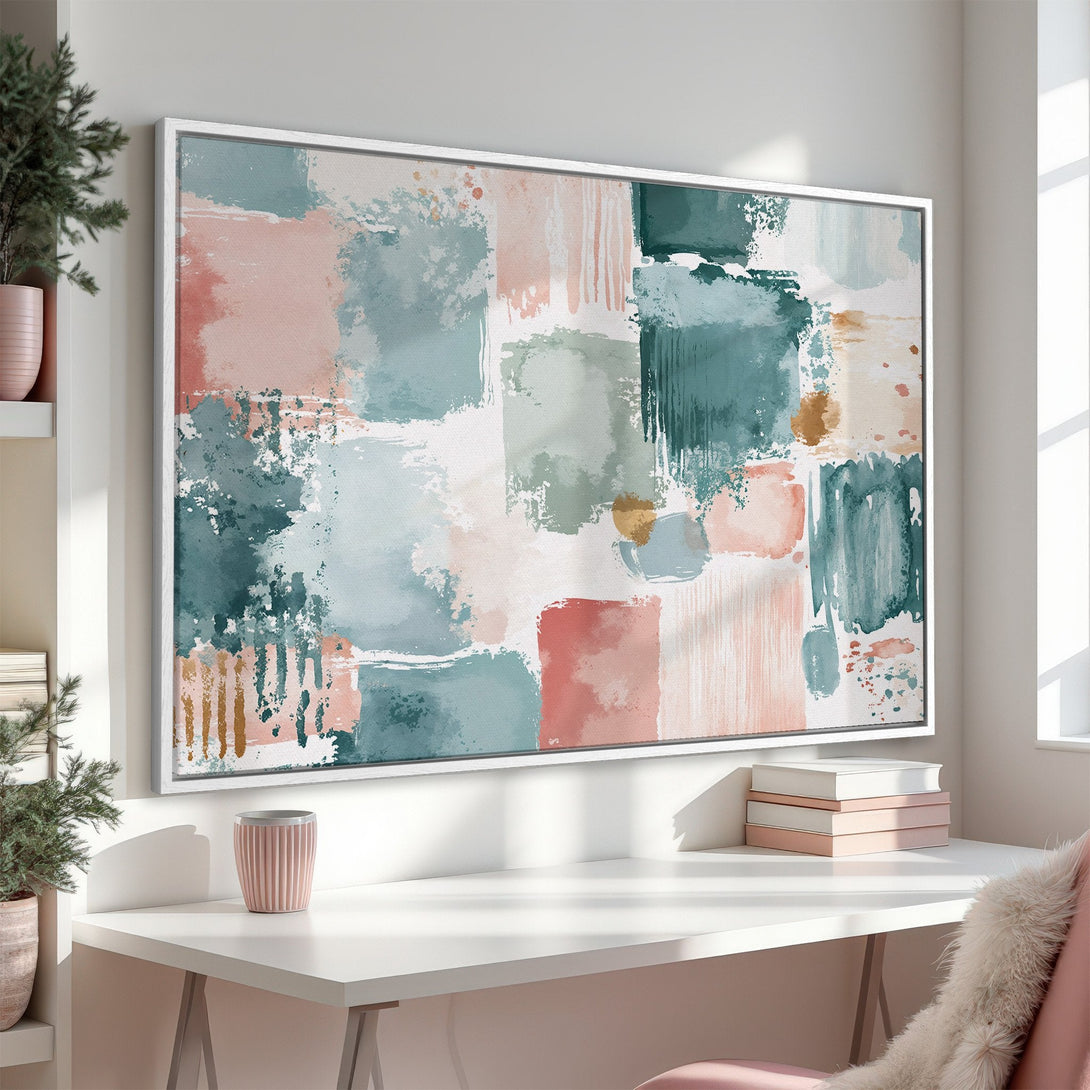 Framed Wall Art: Abstract watercolor painting in teal, blush, and gold. Modern art canvas print for a stylish home decor upgrade.