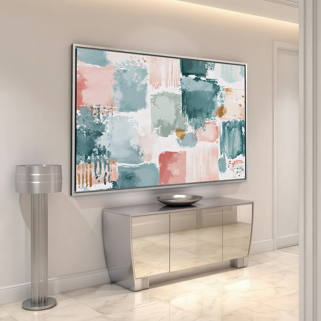 Framed Wall Art featuring abstract watercolor art in teal, blush pink, and gold. Modern decor for living rooms and bedrooms. Shop now!