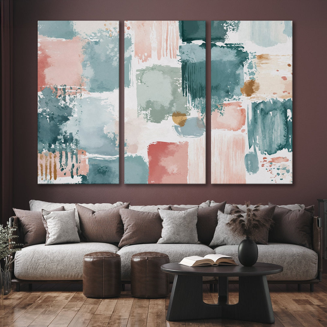 Abstract Canvas Print art in a modern interior. Features a soothing palette of teal, blush, and gold. Perfect for adding a touch of elegance.