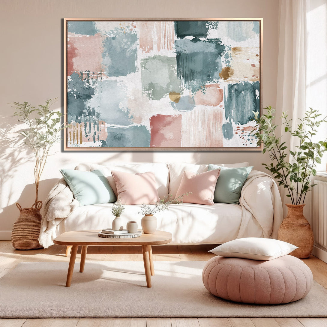 Framed Wall Art: Abstract painting in blush, teal, and gold hues. Modern art canvas print adds a touch of elegance to any living room.