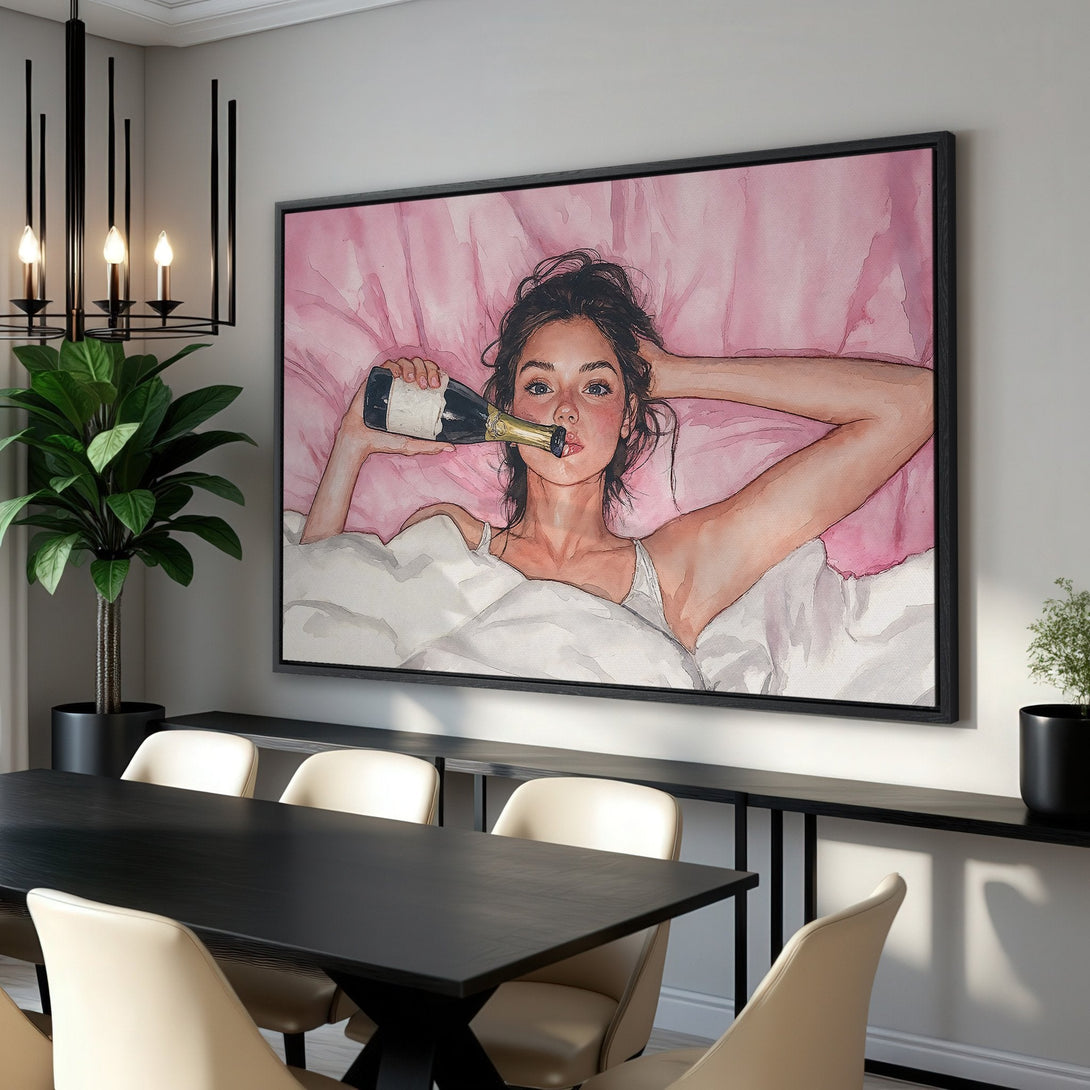 Framed Wall Art: Watercolor portrait of a woman with champagne in bed, pink & white palette. Add a touch of luxury to your space!
