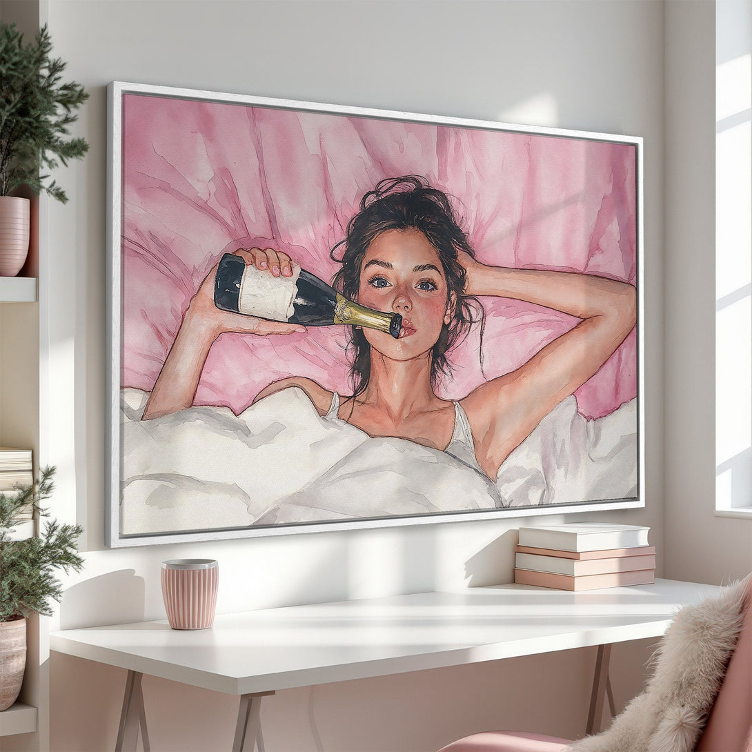 Framed Wall Art: Watercolor portrait of a woman with champagne, soft pink palette, perfect for bedroom decor. Add a touch of luxury!