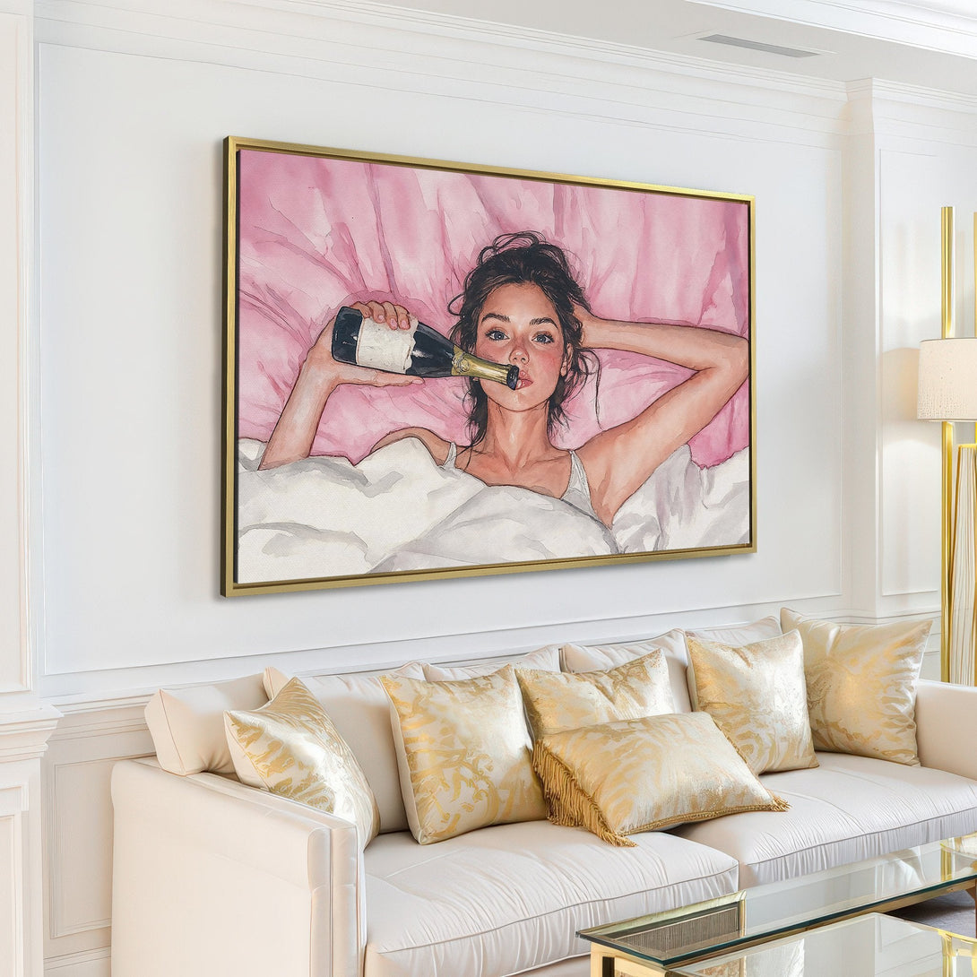 Canvas Print of a woman with champagne, watercolor style, in a pink and white color palette, perfect for bedroom decor.