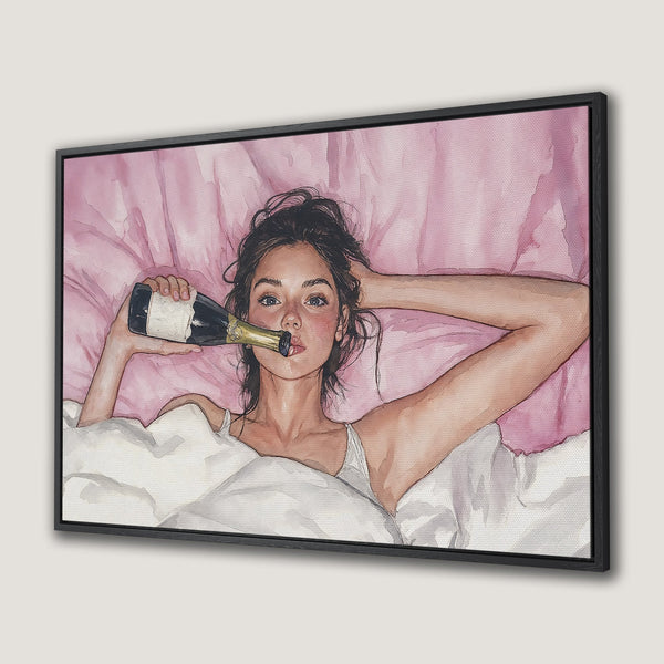 Framed Wall Art: Watercolor painting of a woman in bed with champagne, soft pink and white palette. Perfect for bedroom decor.