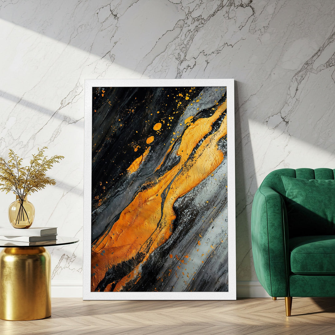 Framed Poster featuring abstract art in black, gold, and gray. Modern wall art for home decor.