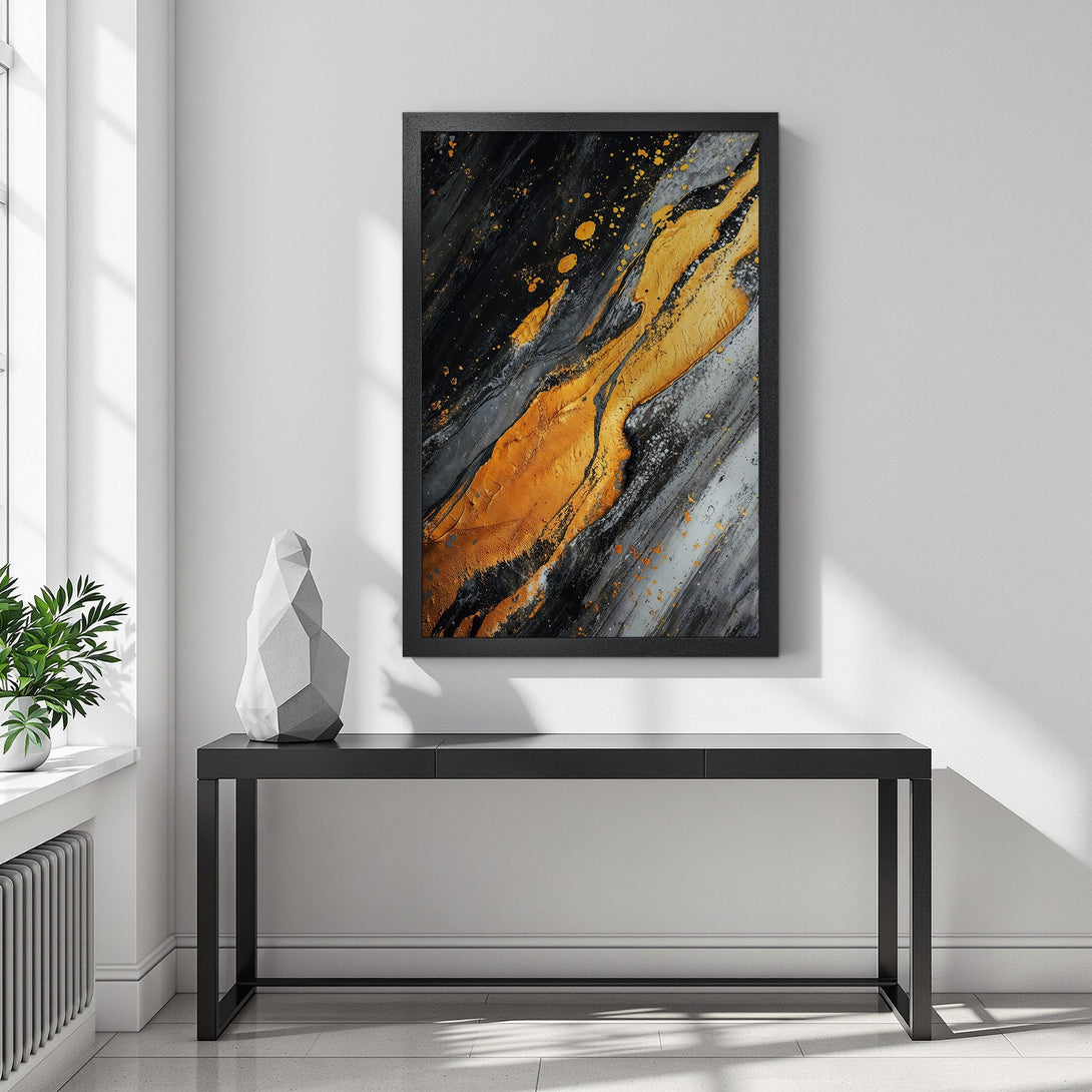 Framed Poster featuring abstract gold, black, and gray art. Modern style wall decor for home or office. Elevate your space with this stunning Poster!