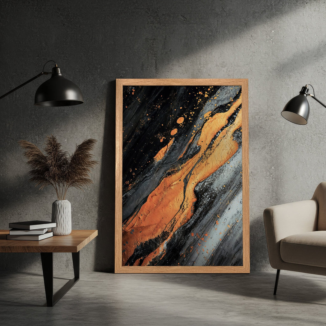Framed Poster featuring abstract art in black, gold, and gray tones. Modern, stylish wall art for any space. Shop now!