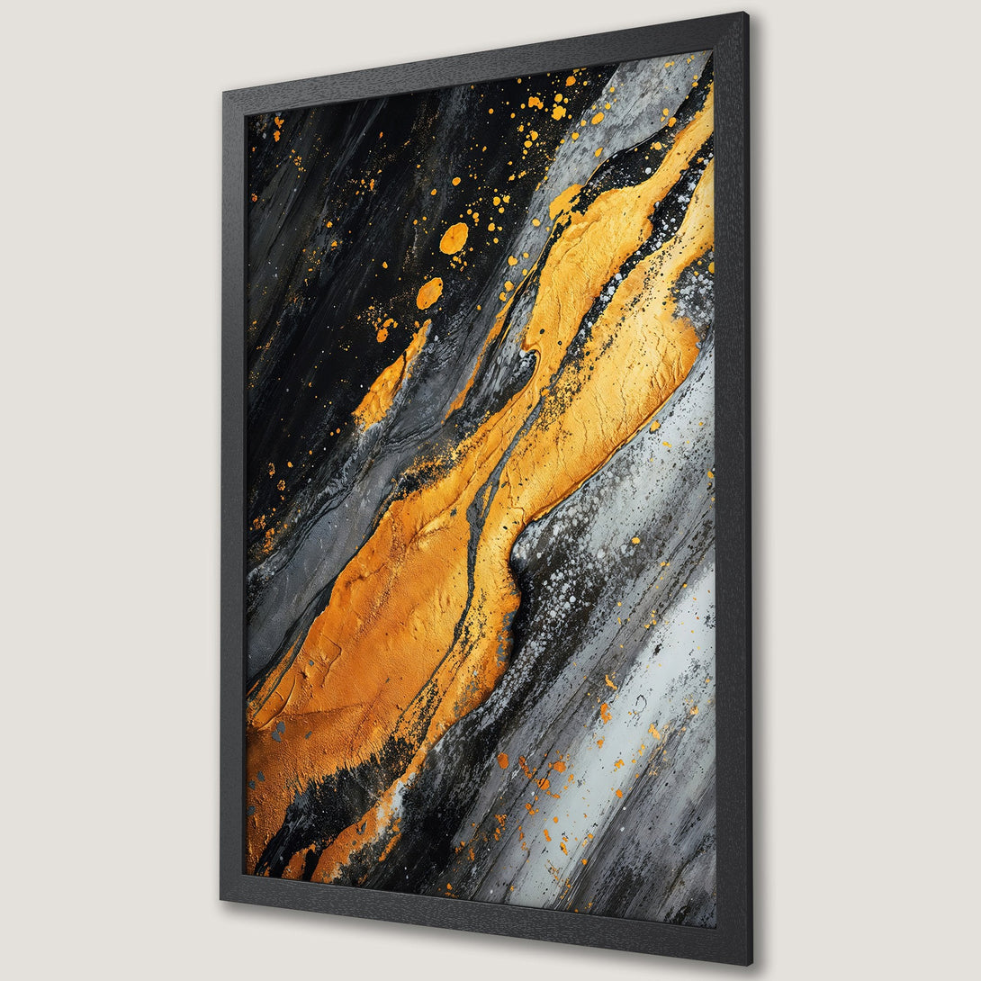 Framed Poster featuring abstract art with gold, black, and gray color palette. Modern wall art for home decor.